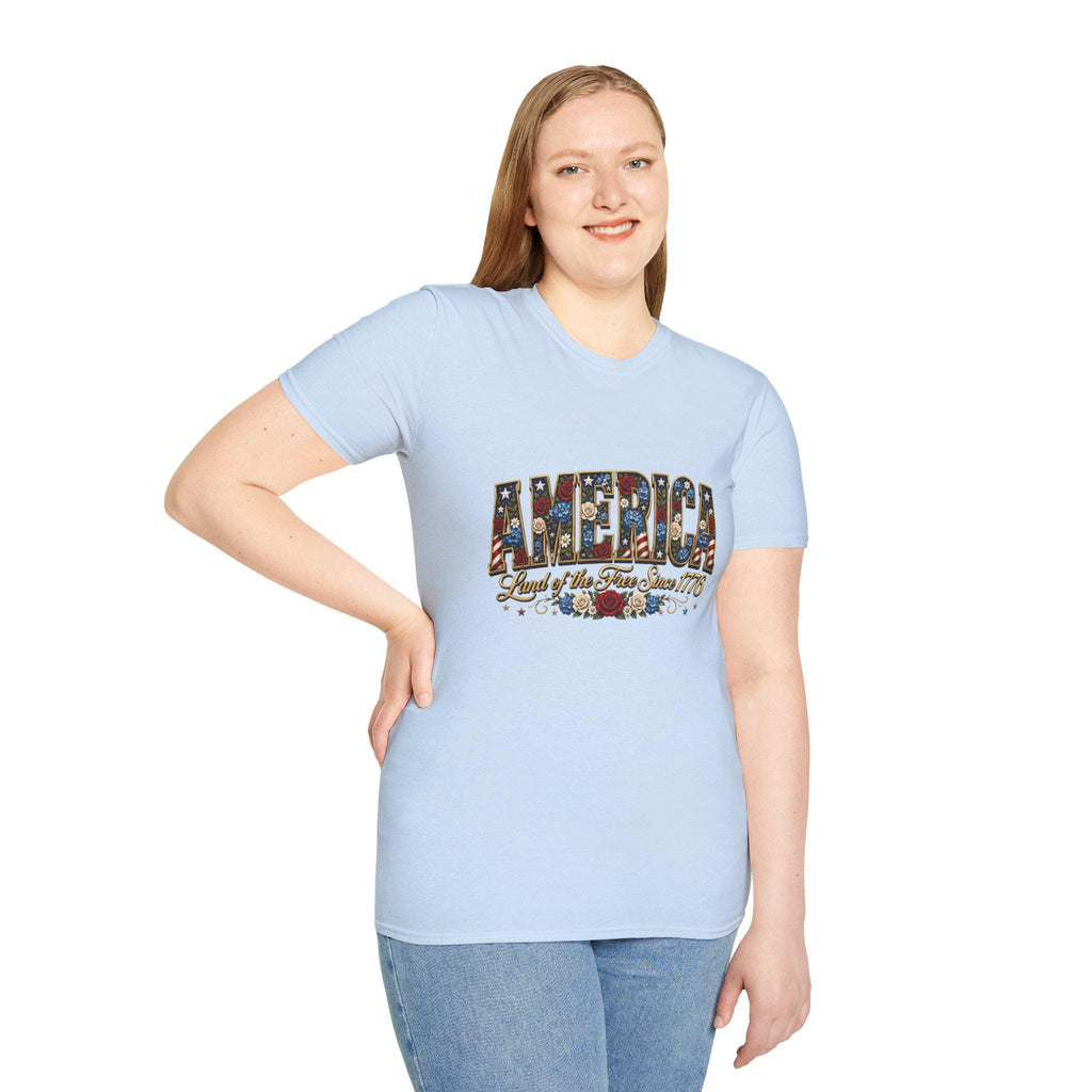 Americana Floral Flag T-Shirt | Land of the Free Since 1776, Vintage Patriotic Graphic Tee, Excellent Gift!