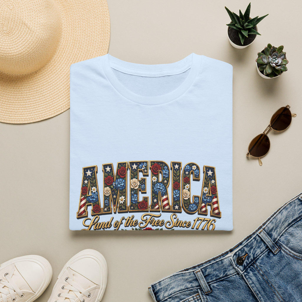Americana Floral Flag T-Shirt | Land of the Free Since 1776, Vintage Patriotic Graphic Tee, Excellent Gift!