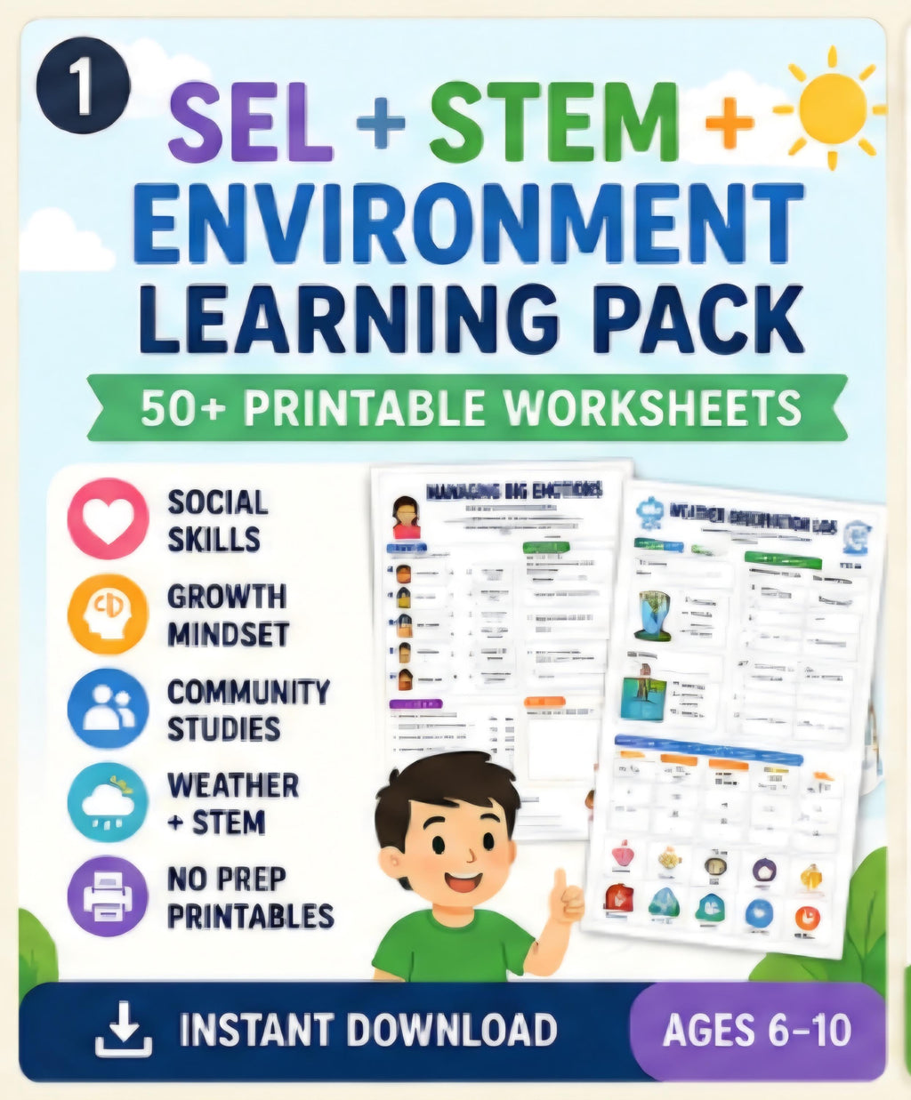 SEL Activities Bundle Printable, Environment and STEM Worksheets, Social Emotional Learning Homeschool PDF