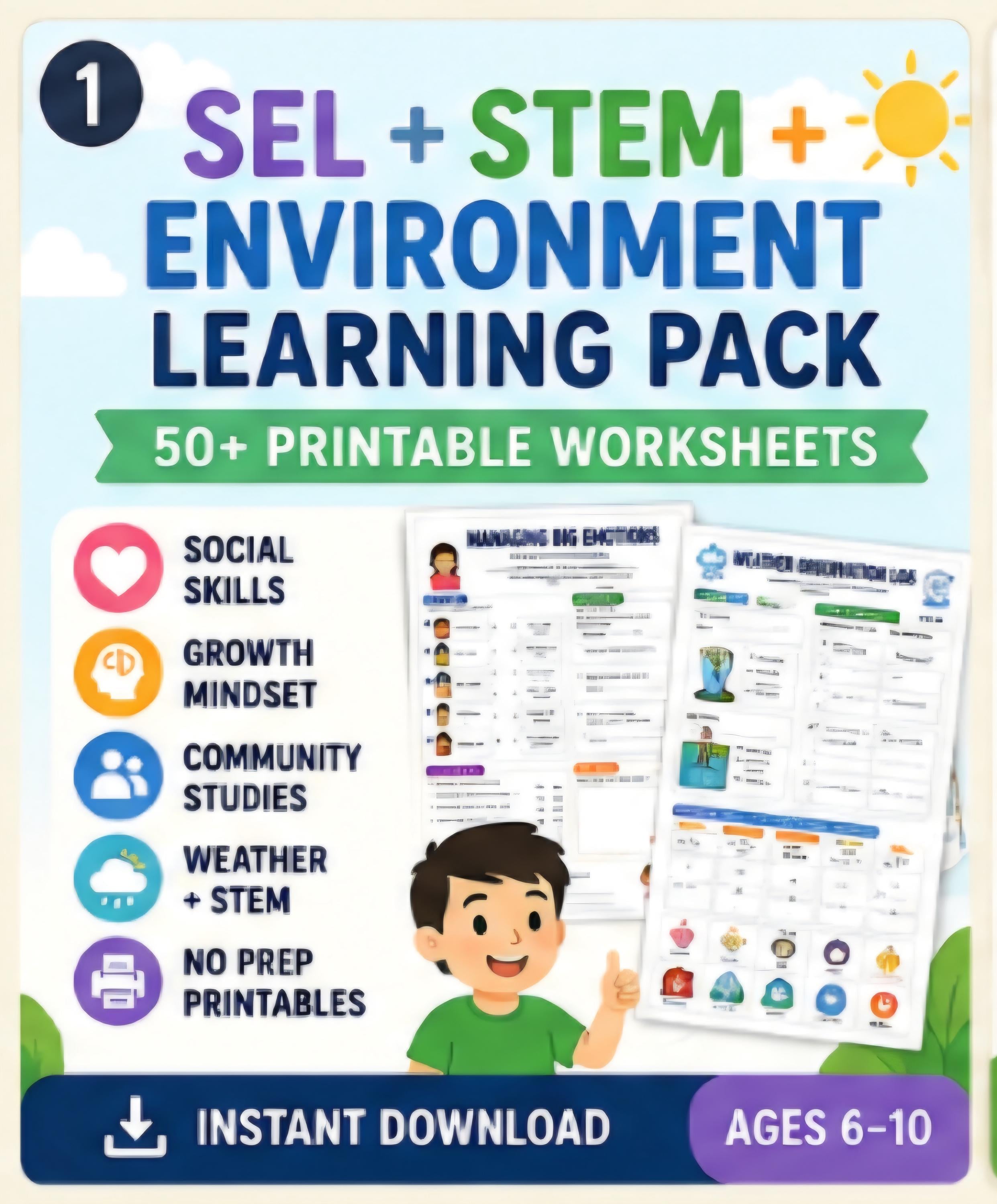 SEL Activities Bundle Printable, Environment and STEM Worksheets, Social Emotional Learning Homeschool PDF