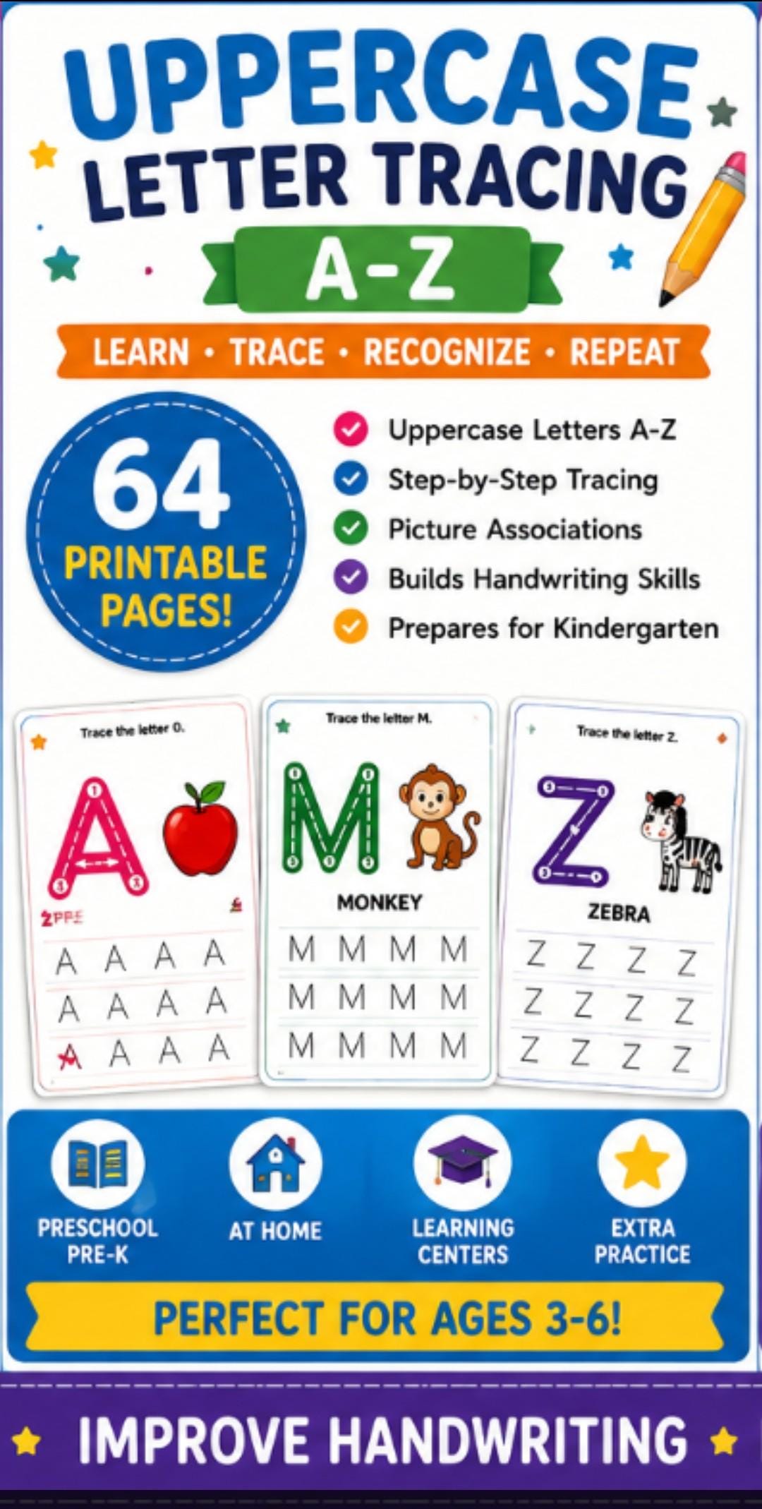 Uppercase Letter Tracing Worksheets Printable, 64 Page Alphabet Handwriting Practice A–Z Preschool Workbook PDF