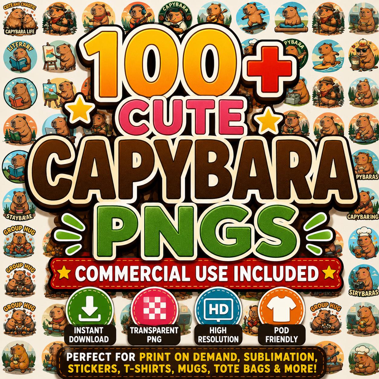 100 Capybara PNG Bundle, Cute Capybara Clipart, Commercial Use PNG, Kawaii Animal Graphics, Sublimation Designs, Sticker Bundle, Digital Dow