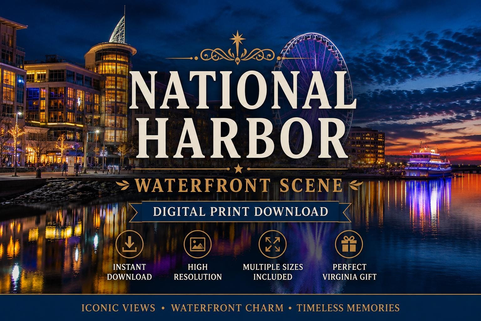 National Harbor Waterfront Night Print, Capital Wheel Photography (Digital Download), Excellent Gift!