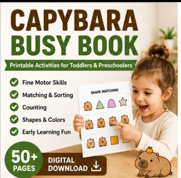 Capybara Busy Book Printable, Gift for Parents, Preschool Fine Motor Activities, Toddler Quiet Book PDF, Homeschool Learning Binder