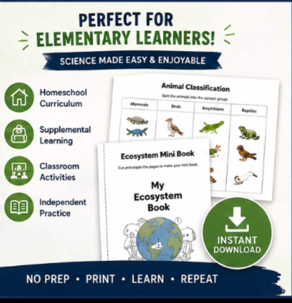 Animals and Ecosystems Homeschool Packet Printable, Habitat Worksheets, Elementary Science Unit Study PDF