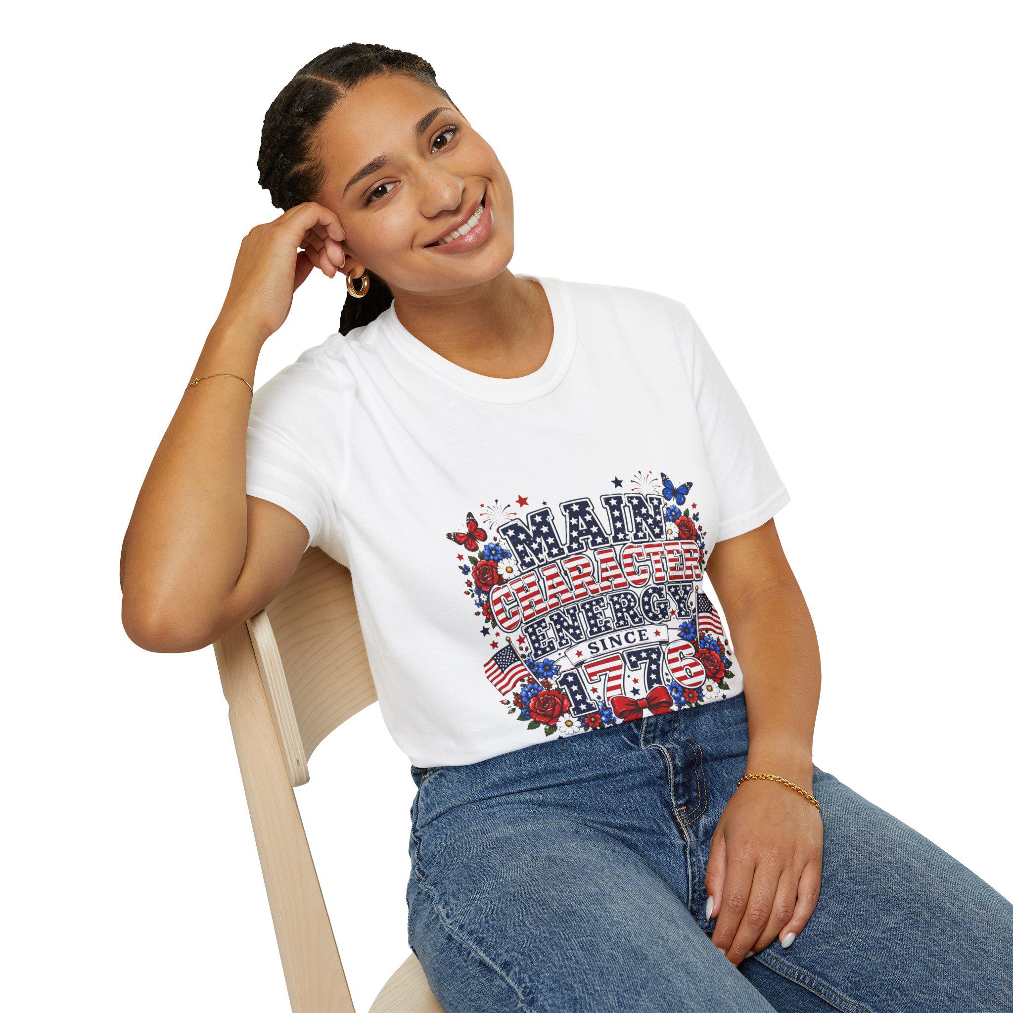 Patriotic Main Character Energy T-Shirt, Stars Stripes Roses Floral Americana Tee, Excellent Gift!