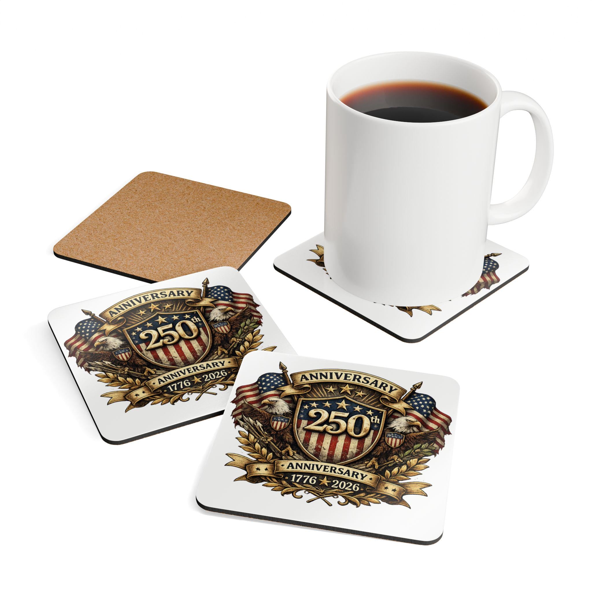 250th Anniversary Shield Cork Coaster | 1776 2026 Patriotic Eagle Emblem, Excellent Gift!