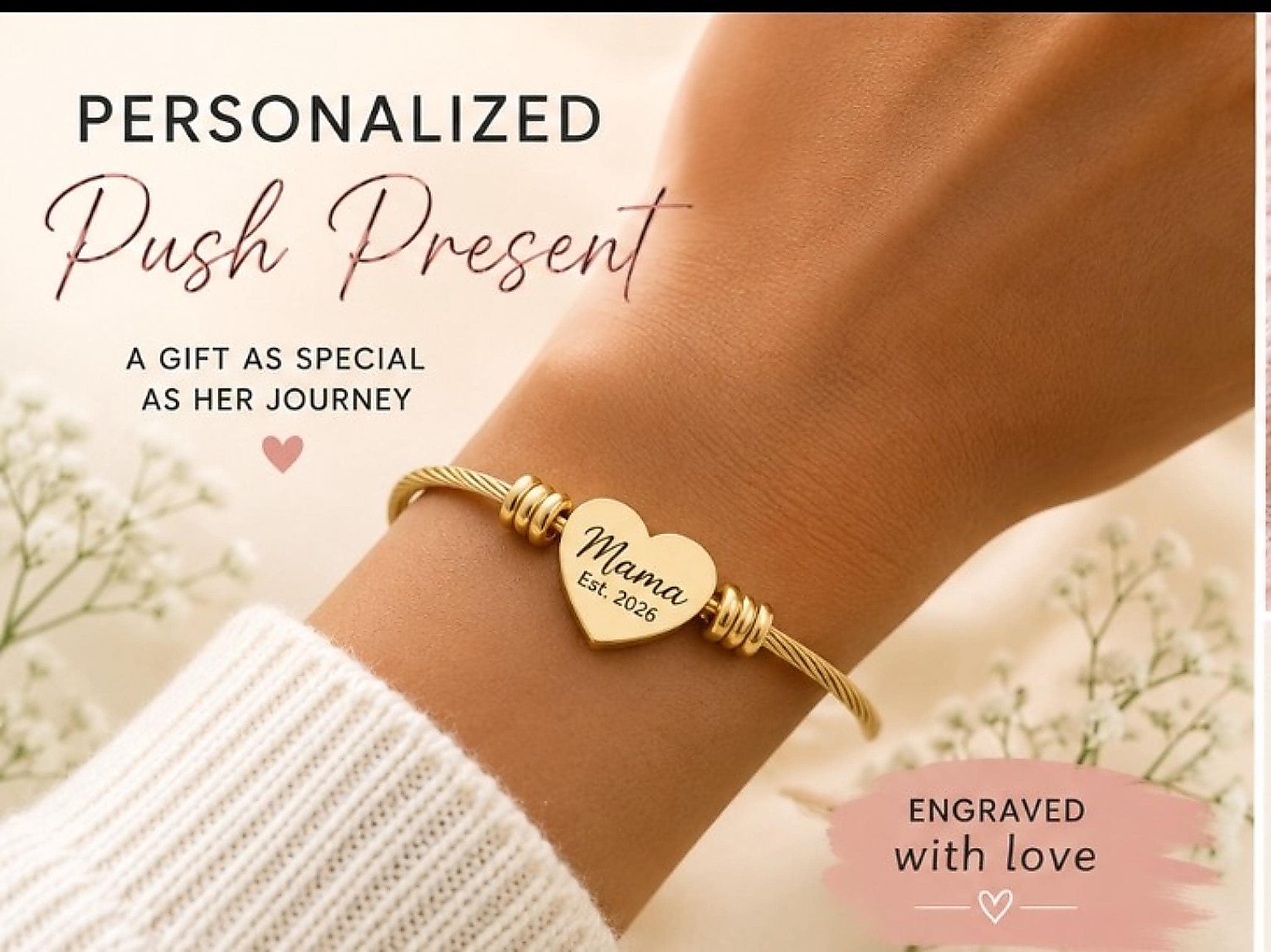 Push Present Engraved Heart Cuff Bracelet | Silver Wire Heart Bracelet, Personalized Engraving