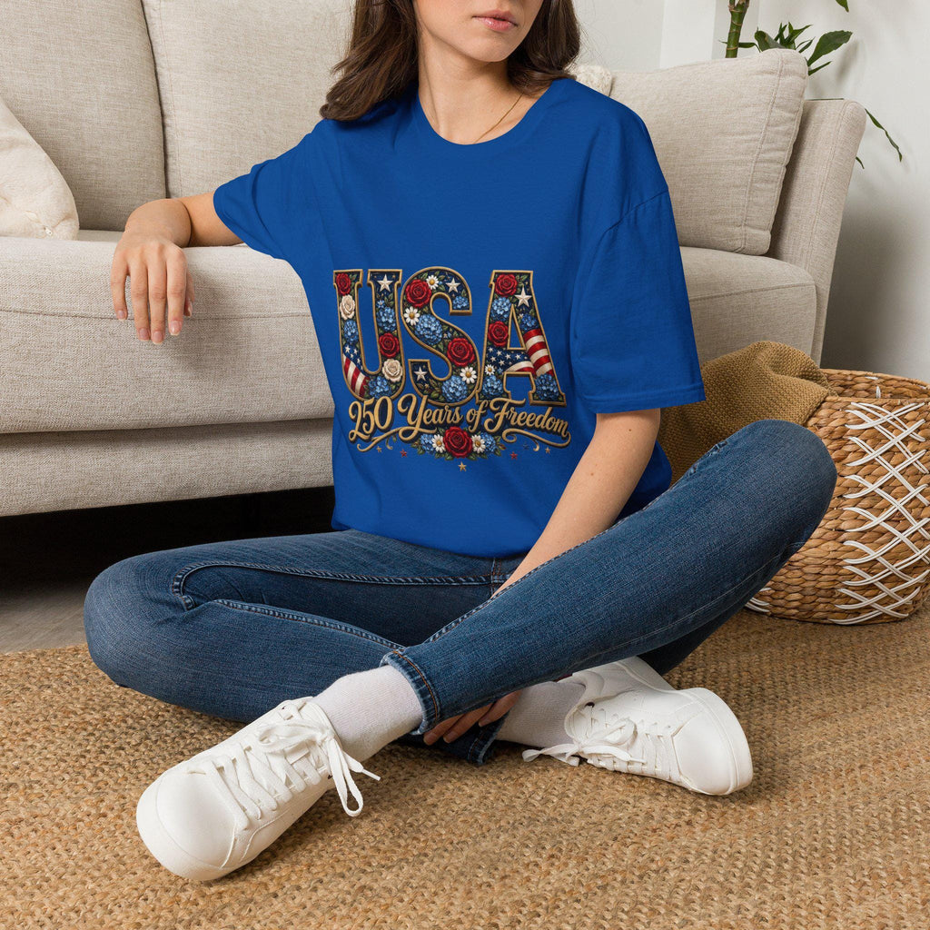 USA Floral Flag T-Shirt | Patriotic Roses, Stars, Stripes, 250th Anniversary Tee, Excellent Gift!