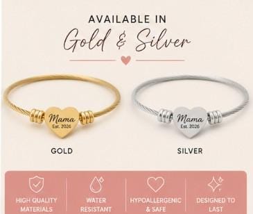 Push Present Engraved Heart Cuff Bracelet | Silver Wire Heart Bracelet, Personalized Engraving