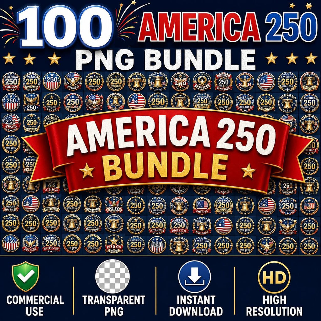 100 America 250 PNG Bundle, USA 250th Anniversary Clipart, Patriotic Graphics, Semiquincentennial, Commercial Use