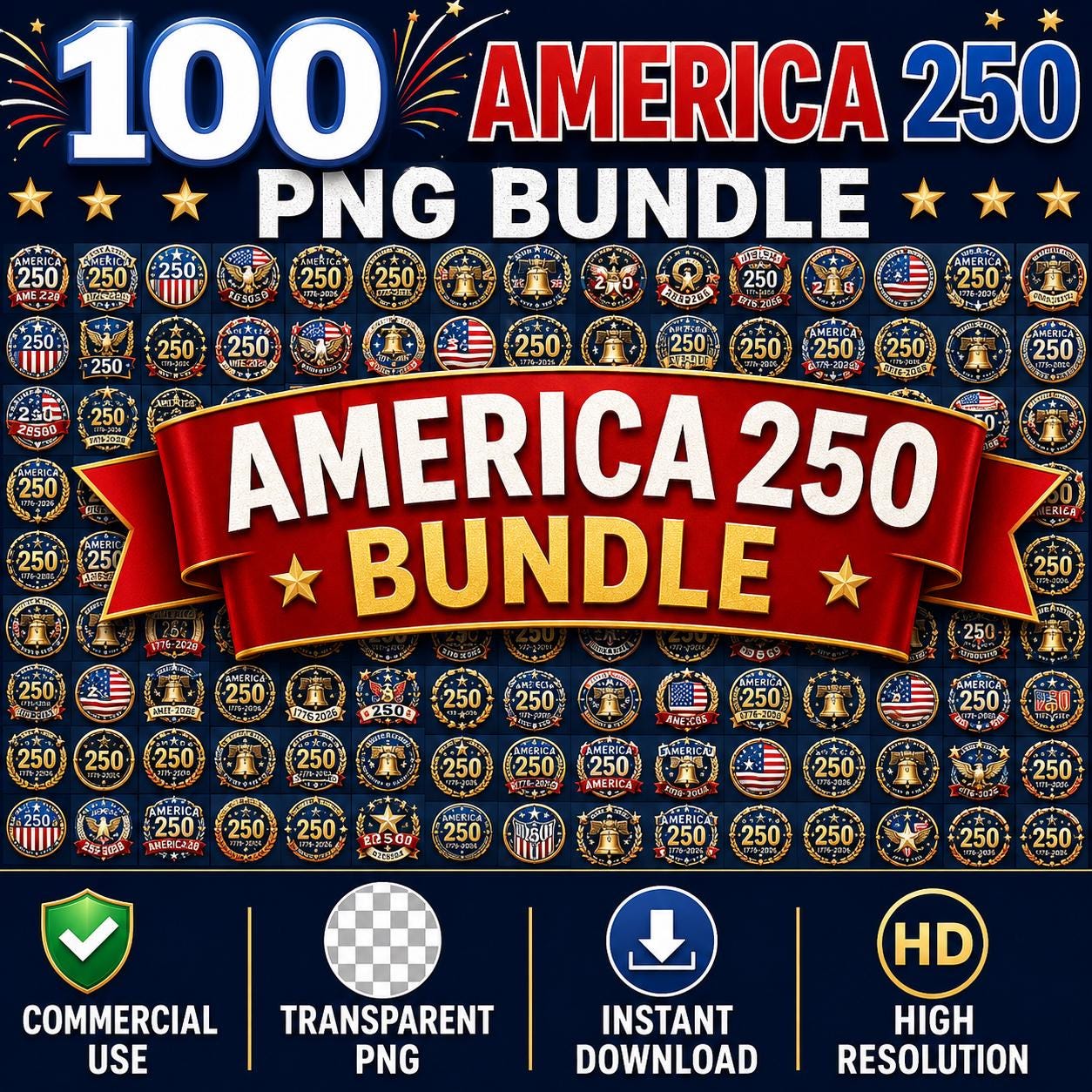 100 America 250 PNG Bundle, USA 250th Anniversary Clipart, Patriotic Graphics, Semiquincentennial, Commercial Use