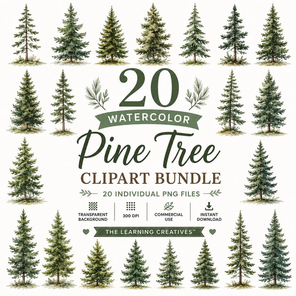 Watercolor Pine Tree Clipart Bundle, Woodland Evergreen Graphics (Digital Download), Excellent Gift!