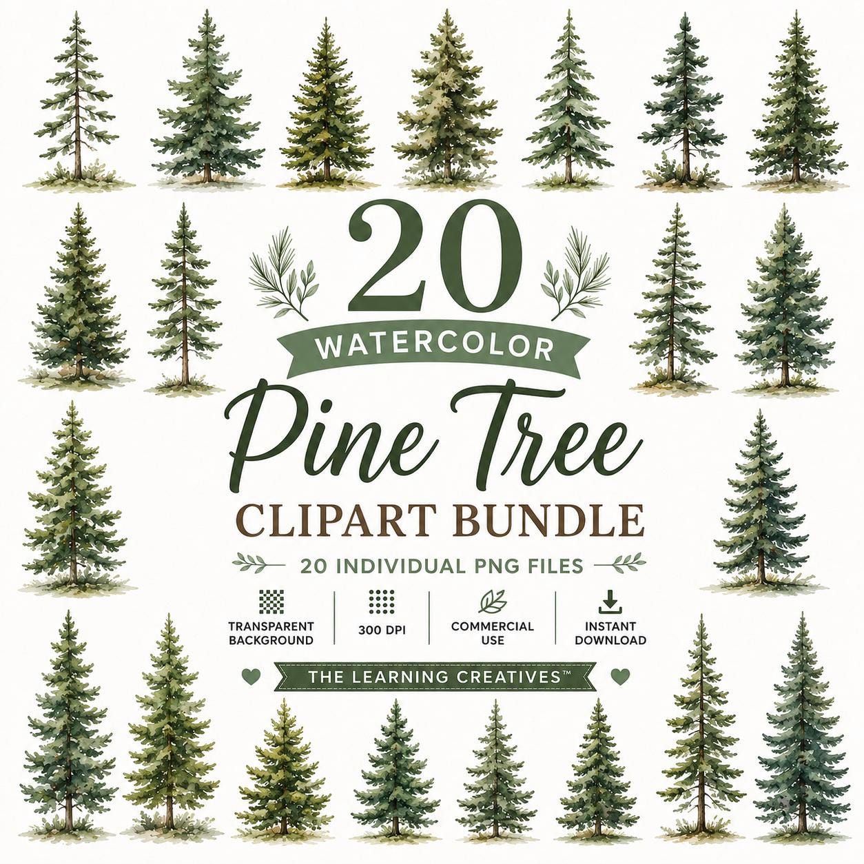 Watercolor Pine Tree Clipart Bundle, Woodland Evergreen Graphics (Digital Download), Excellent Gift!