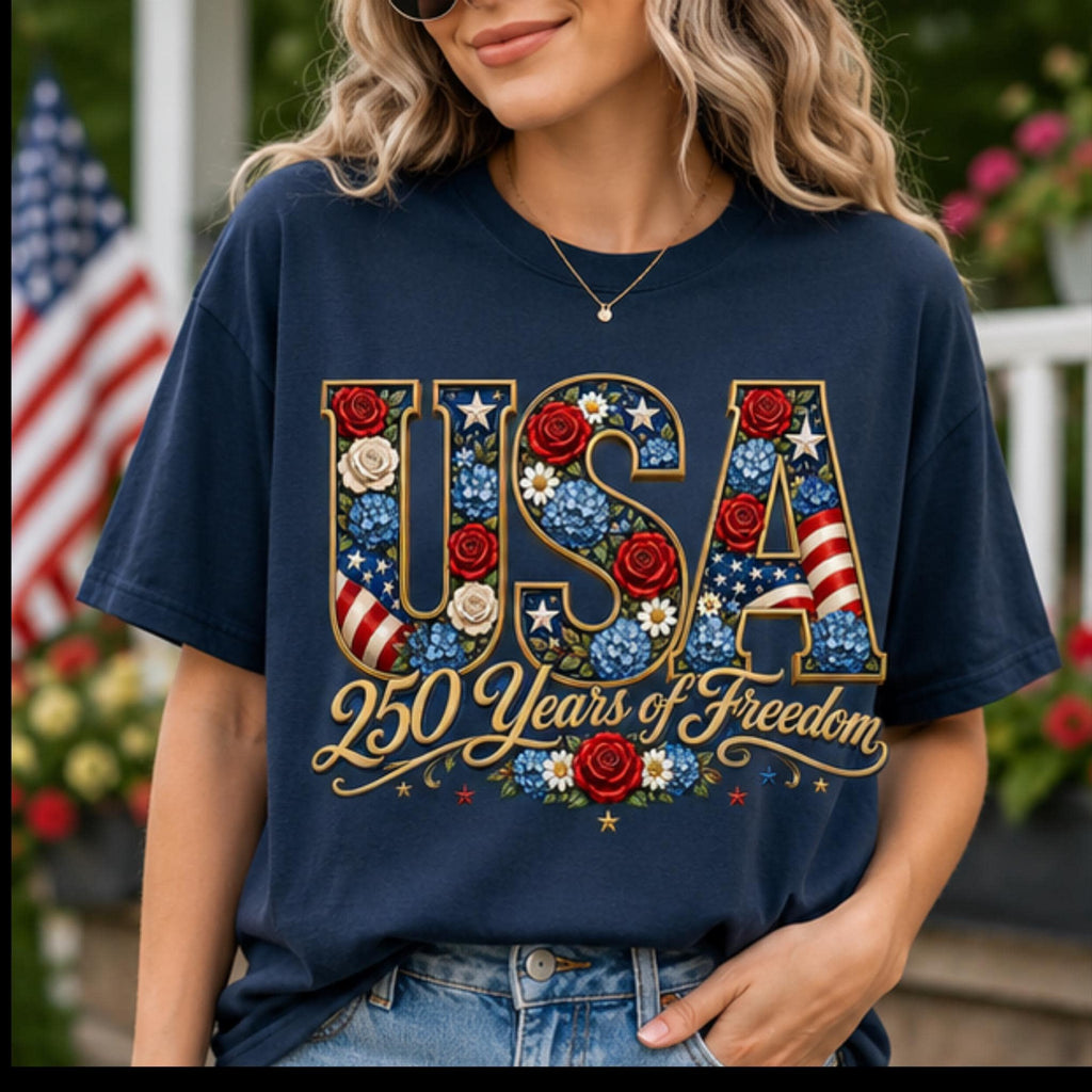 USA 250 Years Freedom Graphic Tee | Patriotic Floral Stars Stripes (PNG), Excellent Gift!
