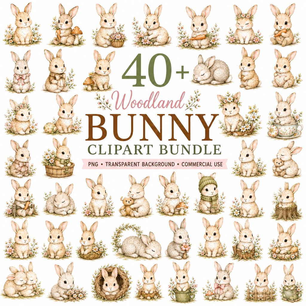 40+ Watercolor Woodland Bunny Clipart Bundle (Digital Download), Excellent Gift!