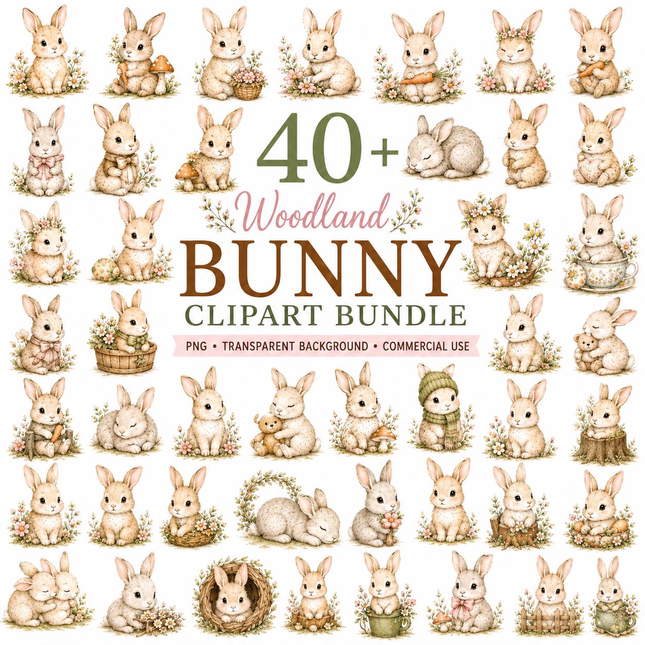 40+ Watercolor Woodland Bunny Clipart Bundle (Digital Download), Excellent Gift!