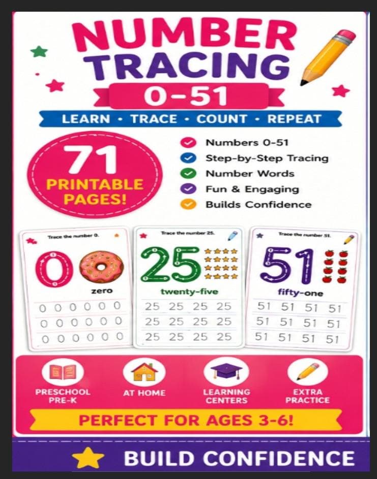 Number Tracing Worksheets 0-51 – Preschool Counting Activities Workbook (PDF)