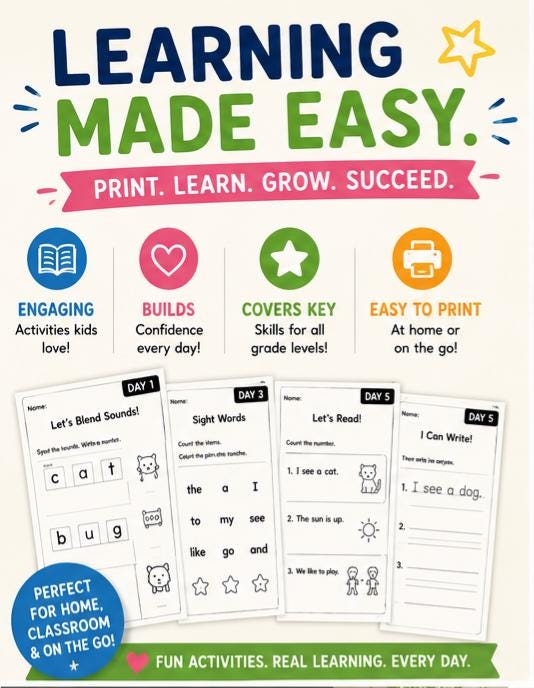 Homeschool Phonics Packet Week 4, Science of Reading Worksheets, K–2 Reading Activities (Digital Download)