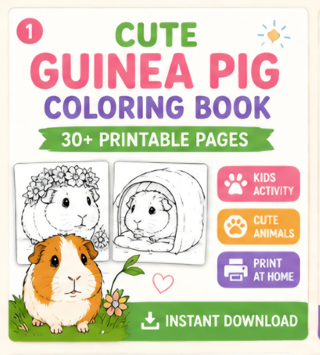 Guinea Pig Coloring Book Printable, Perfect Gift, 30+ Cute Guinea Pig Coloring Pages PDF, Kids Activity, Instant Download
