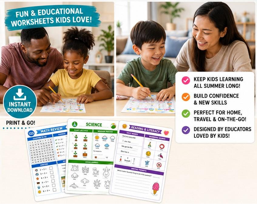Summer Learning Bundle | 80+ Printable Pages | Kindergarten Activities | Summer Workbook | Homeschool Worksheets | Preschool Learning Pack