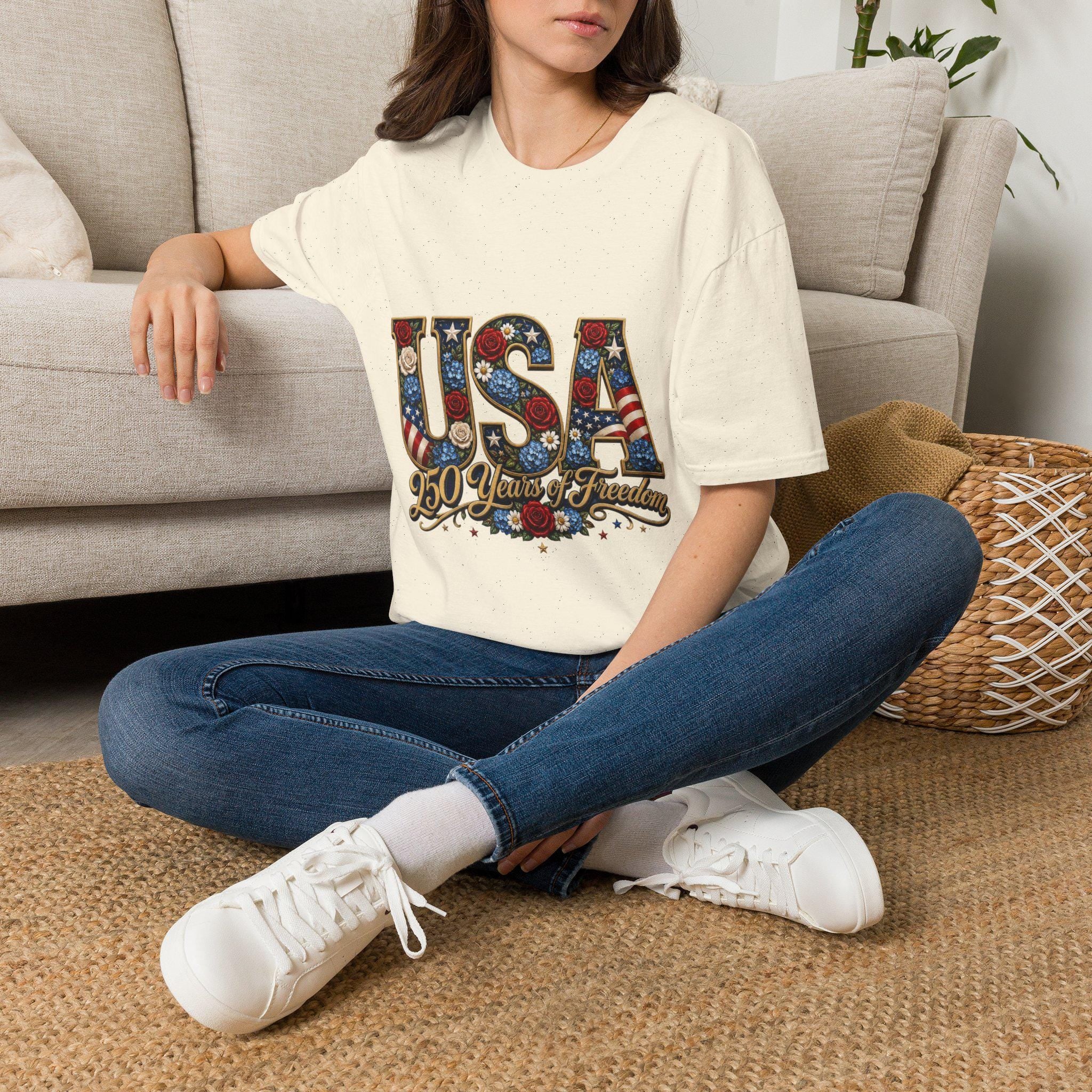 USA Floral Flag T-Shirt | Patriotic Roses, Stars, Stripes, 250th Anniversary Tee, Excellent Gift!