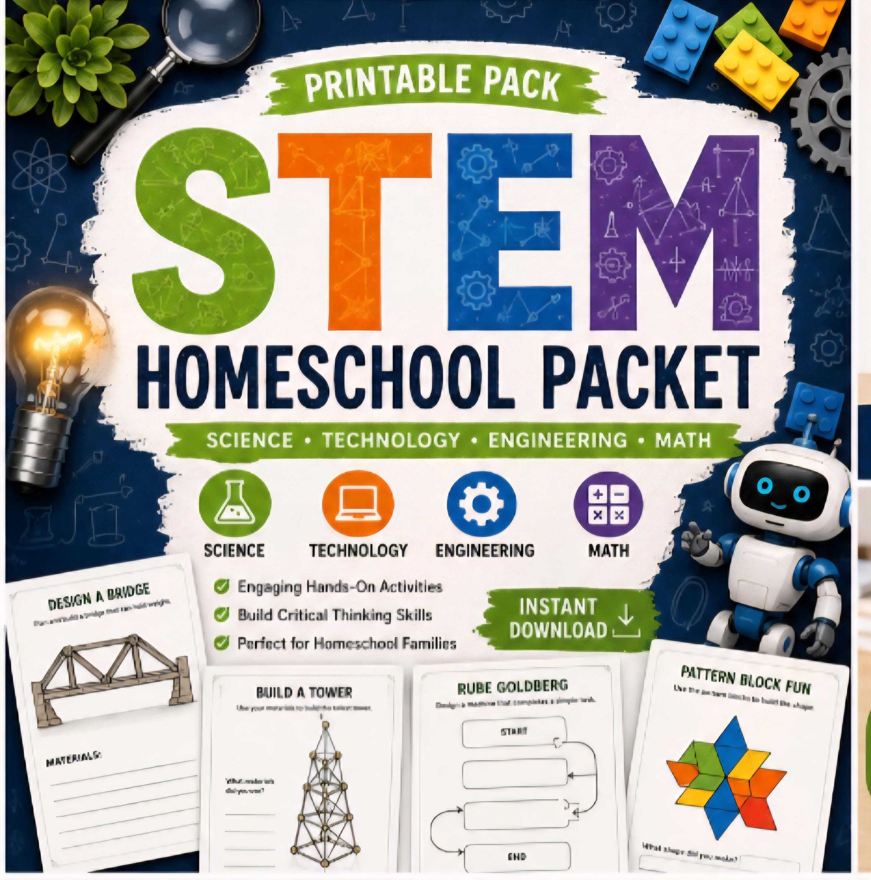 STEM and Technology Homeschool Packet Printable, Engineering and Science Activities PDF, Kids Learning Bundle