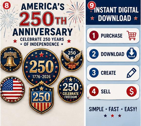 100 America 250 PNG Bundle, USA 250th Anniversary Clipart, Patriotic Graphics, Semiquincentennial, Commercial Use