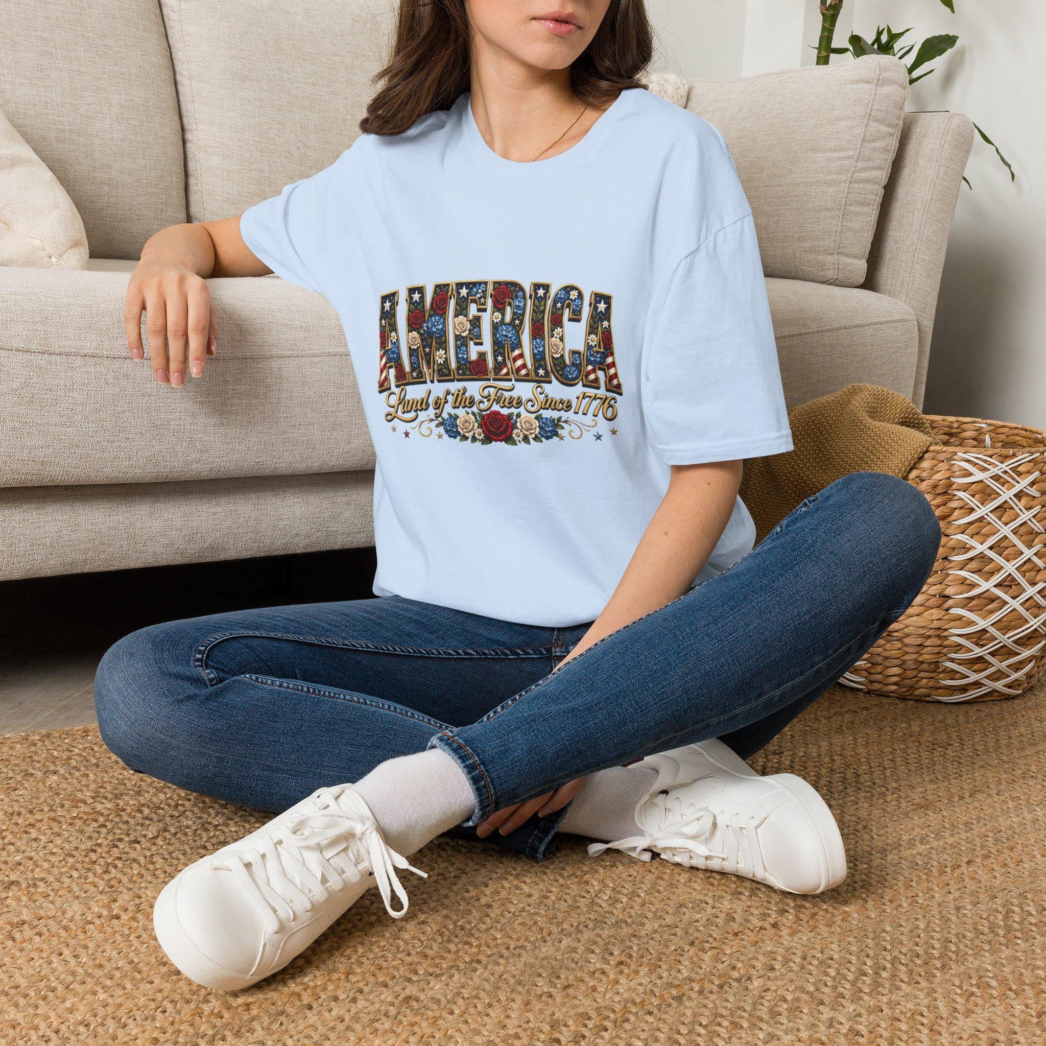 Americana Floral Flag T-Shirt | Land of the Free Since 1776, Vintage Patriotic Graphic Tee, Excellent Gift!