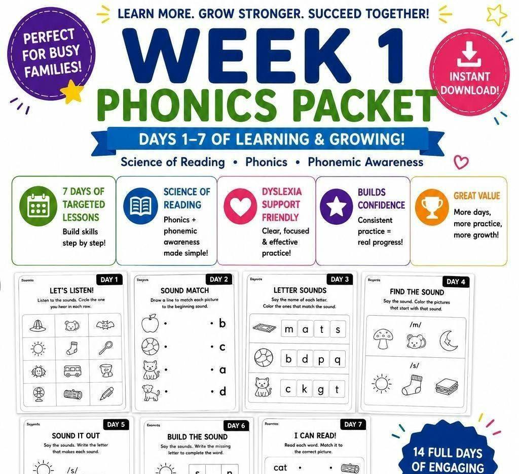 Week 1 Homeschool Phonics Packet Printable, Science of Reading Worksheets, K–2 Reading Intervention Activities