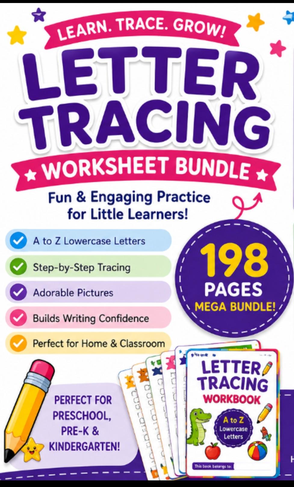 Preschool Letter Number Tracing Workbook Bundle, Uppercase, Lowercase, Numbers (198 Pages)