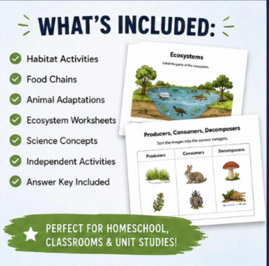 Animals and Ecosystems Homeschool Packet Printable, Habitat Worksheets, Elementary Science Unit Study PDF