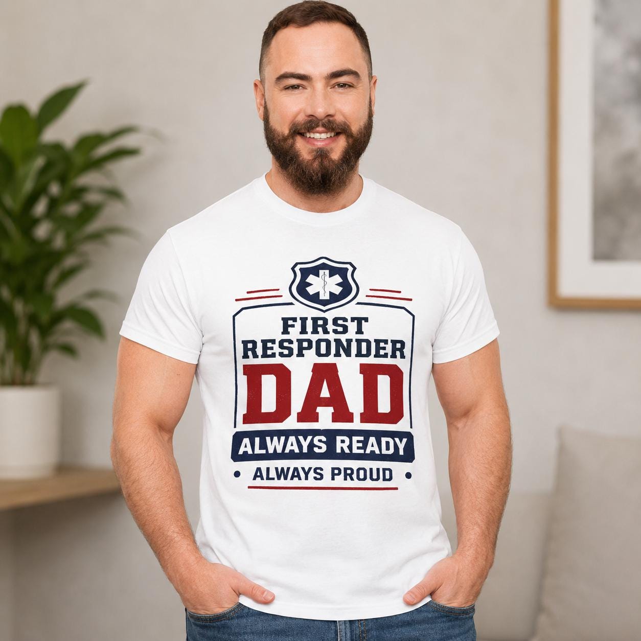 First Responder Dad T-Shirt | EMS Badge Always Ready Proud Dad Tee, Excellent Gift!