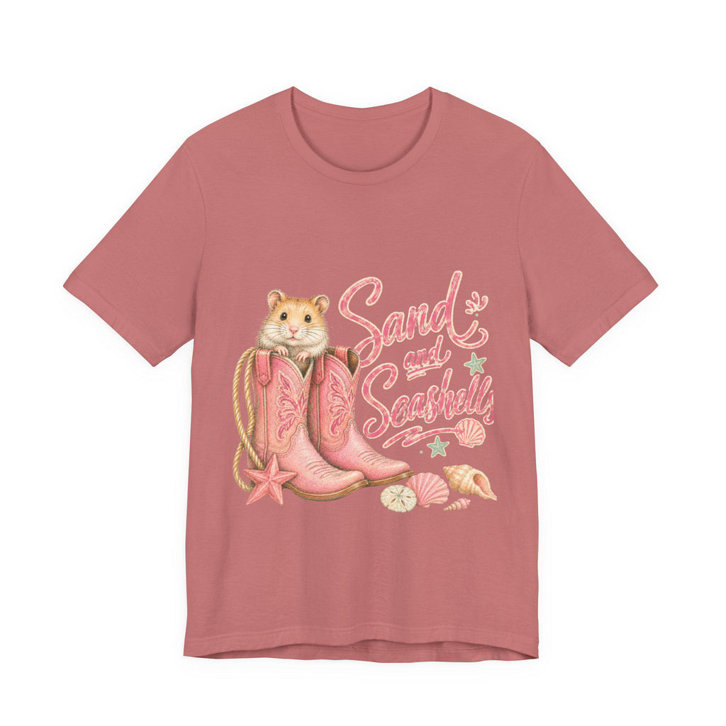 Hamster in Pink Boots T-Shirt | Sand and Seashells Beach Graphic Tee, Excellent Gift!