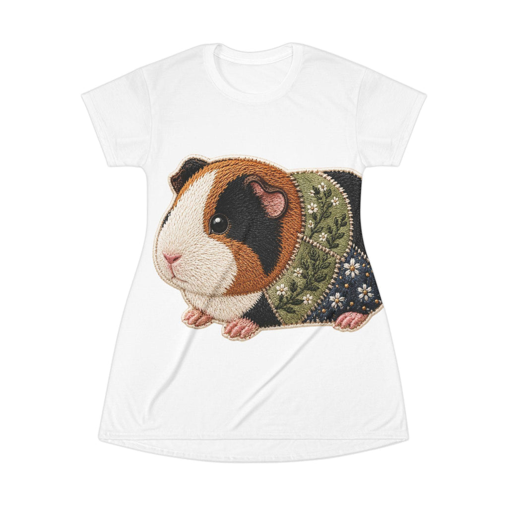 Embroidered Guinea Pig Illustration T-Shirt Dress | Floral Patchwork Rodent, Excellent Gift!