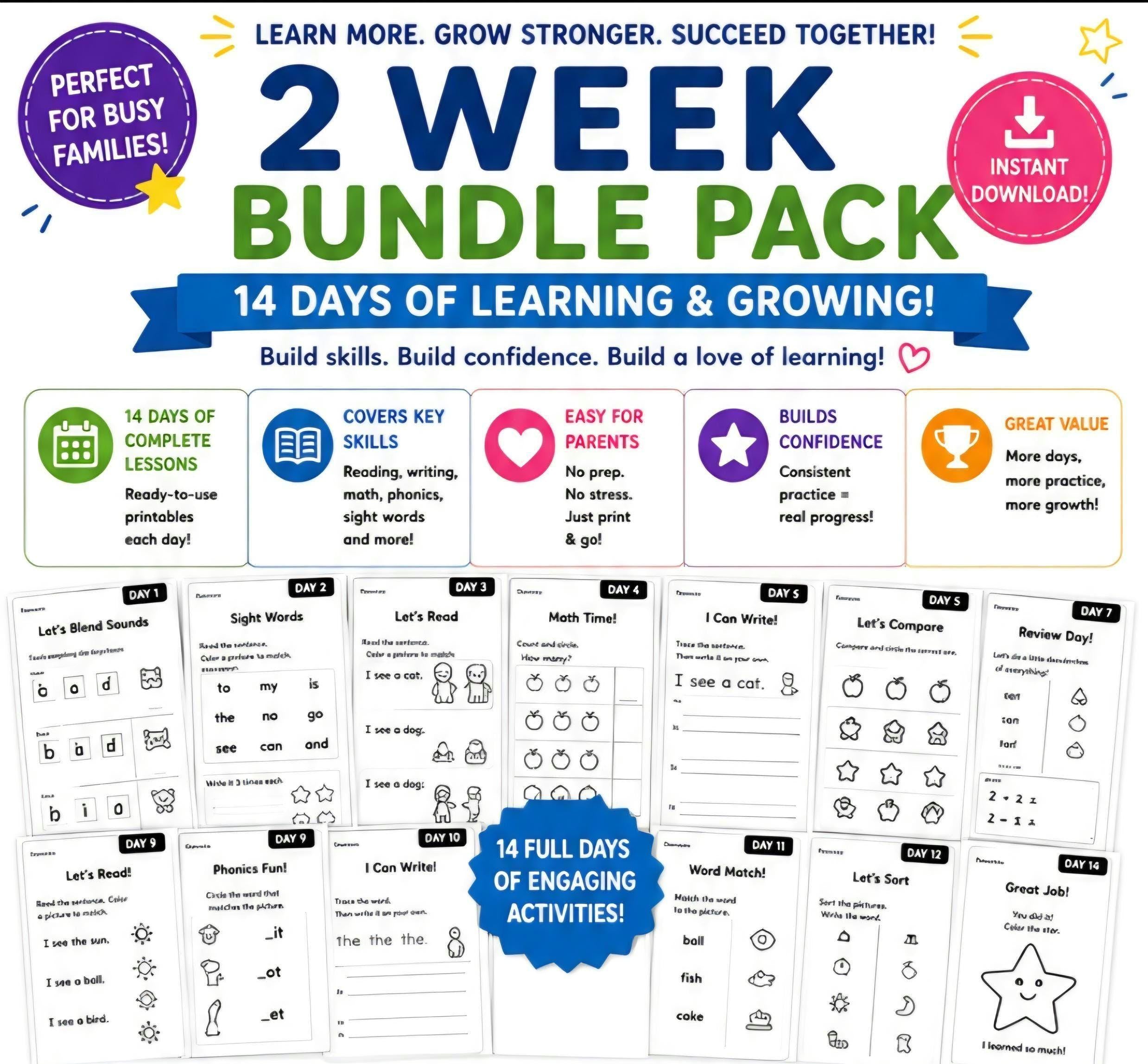 14 Days Homeschool Phonics Worksheets, Science of Reading Printable Activities (Digital Download)