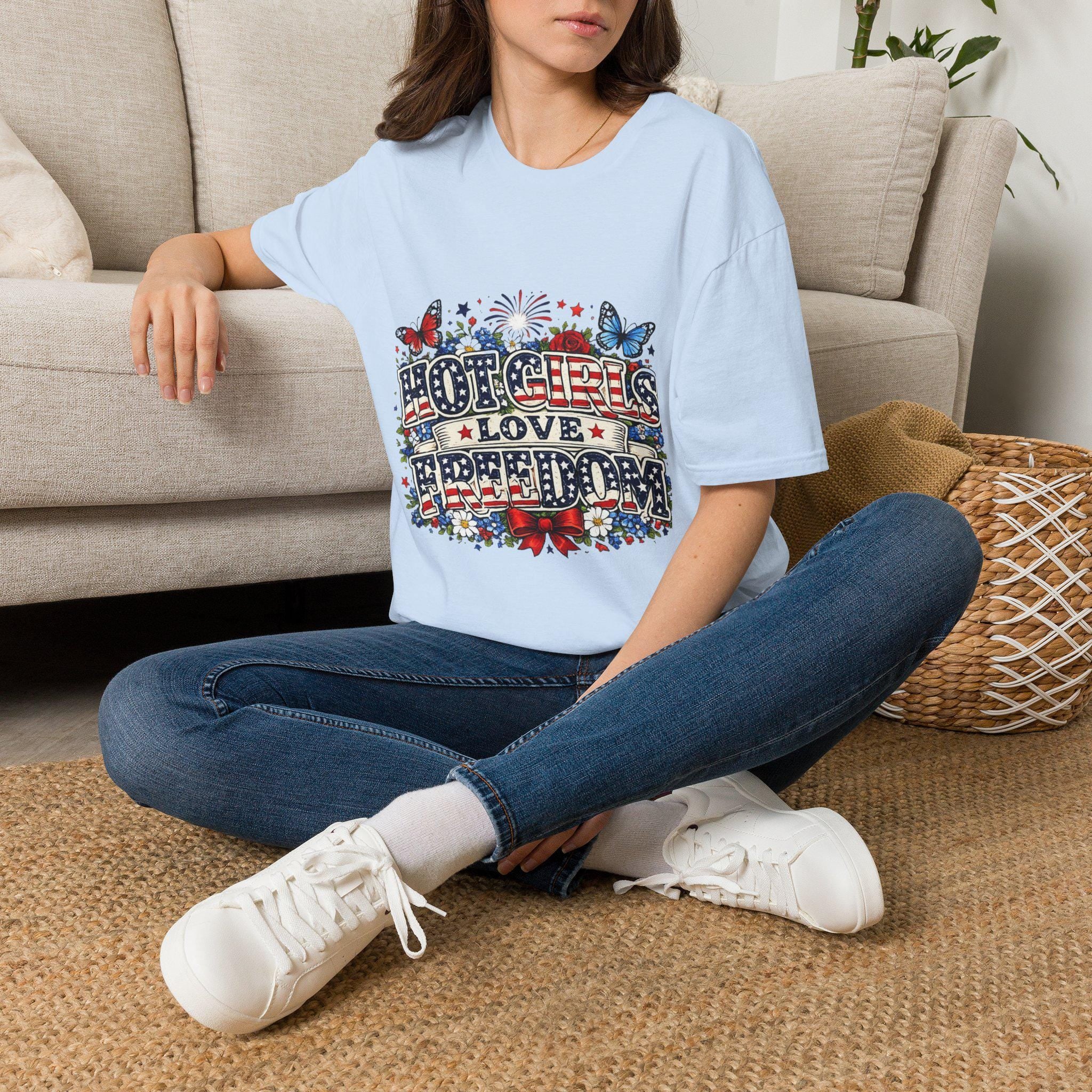 Hot Girls Love Freedom T-Shirt | Patriotic Butterfly Stars Fireworks, Americana 250th Anniversary, America's Birthday, 4th of July