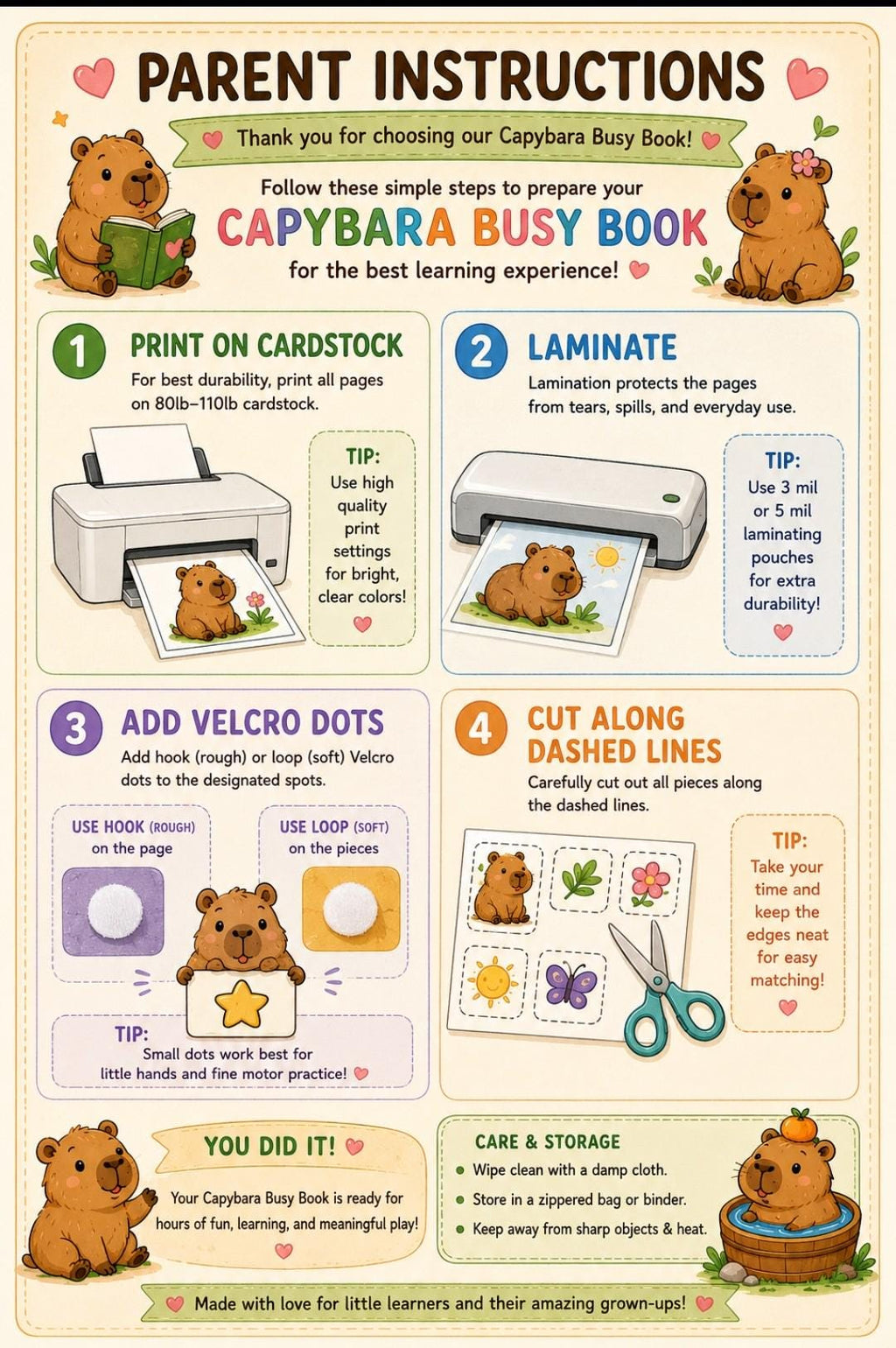 Capybara Busy Book Printable, Toddler Busy Binder Ages 2–5, Preschool Learning Activities, Fine Motor Matching Games, Homeschool PDF