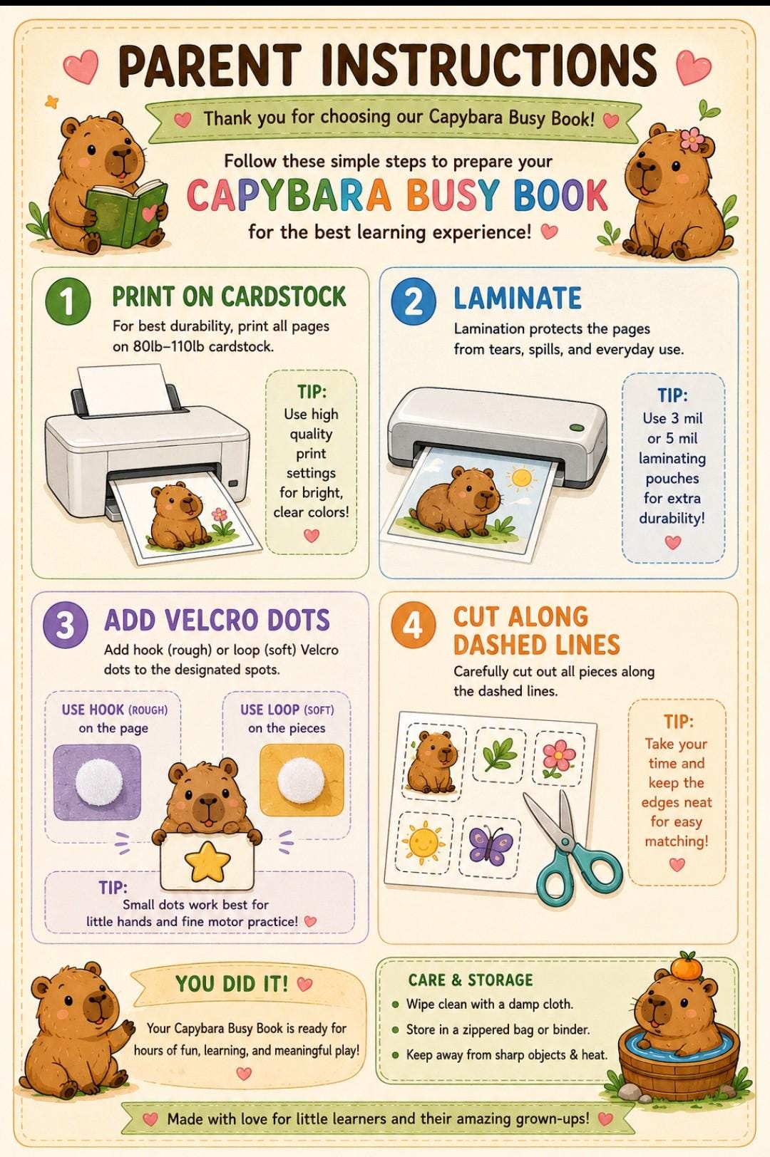 Capybara Busy Book Printable, Toddler Busy Binder Ages 2–5, Preschool Learning Activities, Fine Motor Matching Games, Homeschool PDF