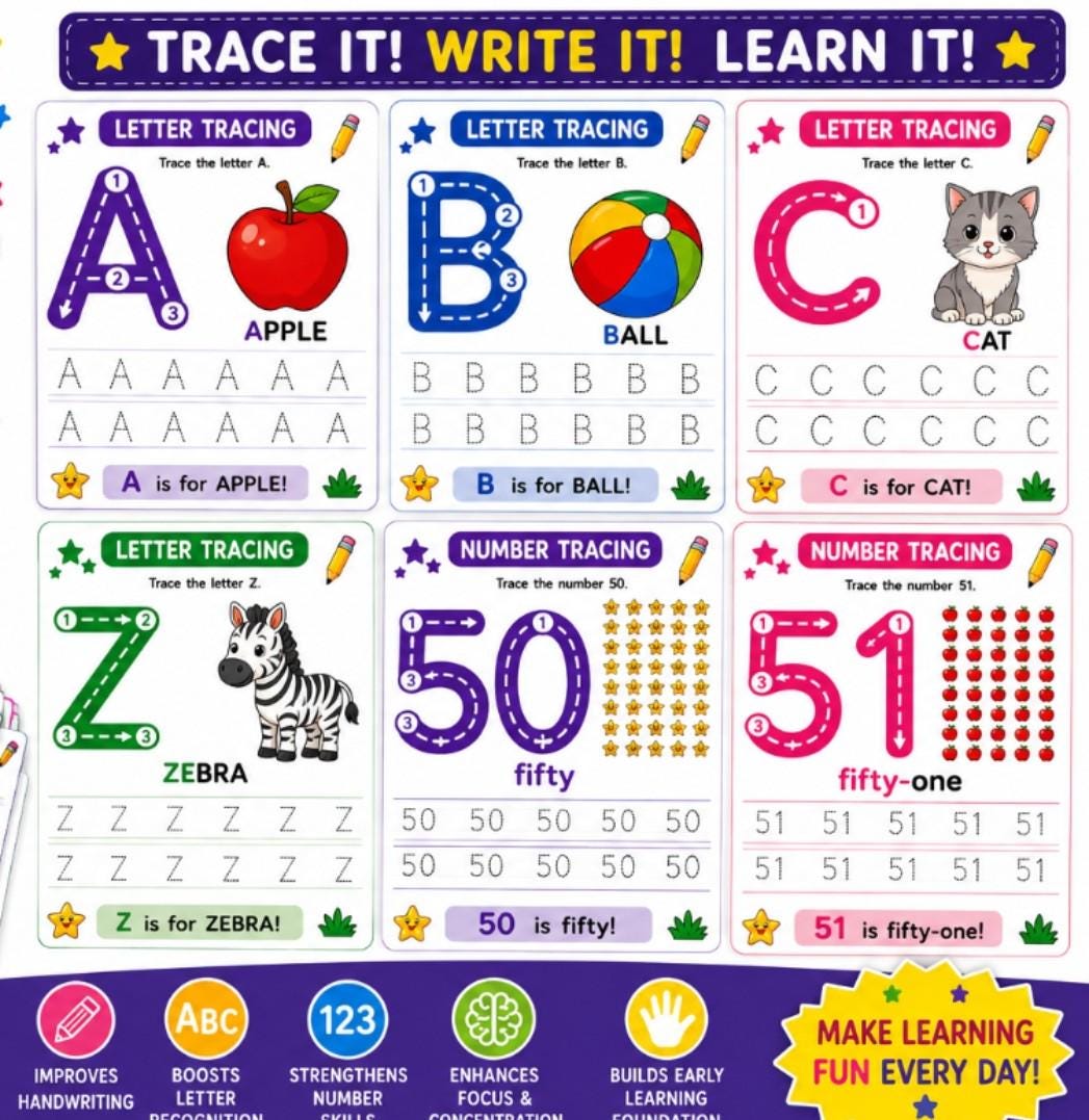 Preschool Letter Number Tracing Workbook Bundle, Uppercase, Lowercase, Numbers (198 Pages)