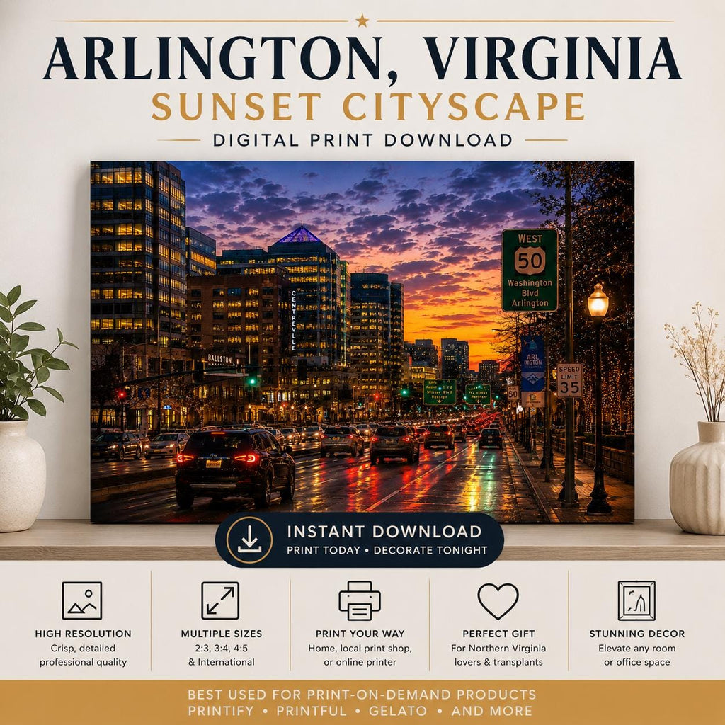 Arlington VA Sunset Cityscape Print | Ballston Skyline (Digital Download) 250th Anniversary, Father's Day Gift, Excellent Gift!