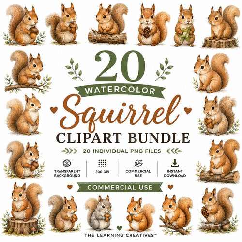 20 Watercolor Squirrel Clipart Bundle, Woodland Nursery Graphics (Digital Download), Excellent Gift!